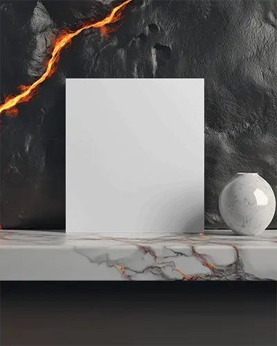 Square Brochure Mockup Placed On Marble Shelf Against Black Lava Textured Wall Vibrant