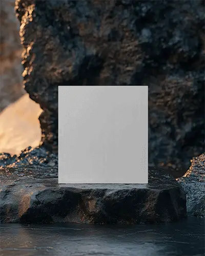 Square Brochure Mockup On Matte Stone Surface With Glowing Lava Backdrop Serene Yoga Class Promotion Dark Moody Natural Texture Marketing Design