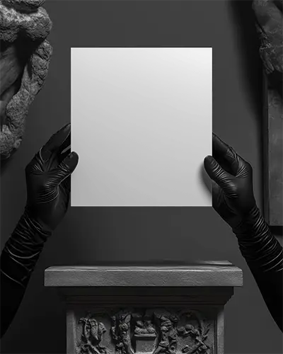 Square Hand Holding Brochure Mockup Black Gloves In Classical Museum Setting Minimal Creative Agency Presentation Clean White Background