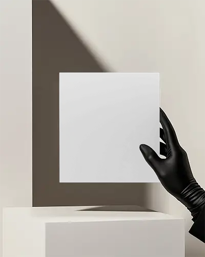 Square Hand Holding Brochure Mockup Black Glove Against Minimal White Surface With Soft Shadows Clean Stationary Display Elevated Lighting Studio Scene