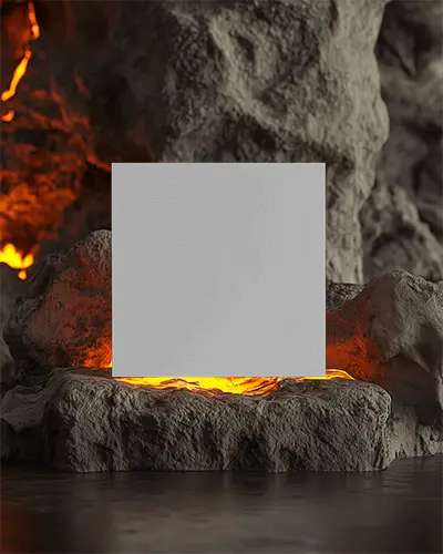 Square Brochure Mockup Placed On Molten Rock Surface With Glowing Orange Lava Light Dramatic Volcanic Backdrop Dark Moody Stone