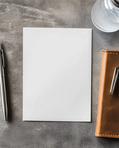 Brochure Mockup On Textured Grey Desk Surface With Metal Pen Leather Notebook And Realistic Top View