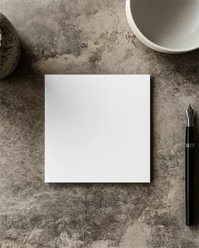 Square Brochure Mockup On Stone Textured Tabletop With Ceramic Cup And Fountain Pen Clean Professional Overhead