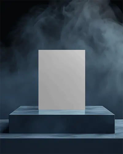 Brochure Mockup On Dark Blue Podium With Dramatic Smoke Background Stylish Minimal Editorial Scene