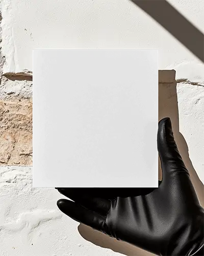 Square Hand Holding Brochure Mockup Black Glove Against White Brick Wall In Direct Sunlight Bold Contrast Shadows Minimal Modern Promotional Display Scene