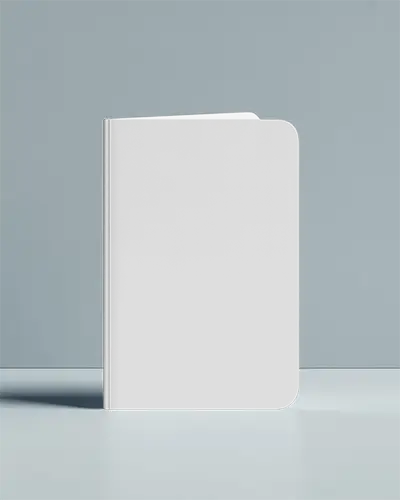 Vertical Rounded Corner Brochure Mockup Standing On Light Surface With Blue Background Clean Modern Presentation Soft Shadow Minimalistic Stationery Showcase