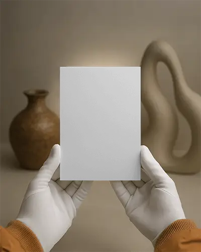 Hand Holding Brochure Mockup With White Gloves In Studio Setting Modern Sculptural Background Soft Lighting Minimal Neutral Promotional Display Scene