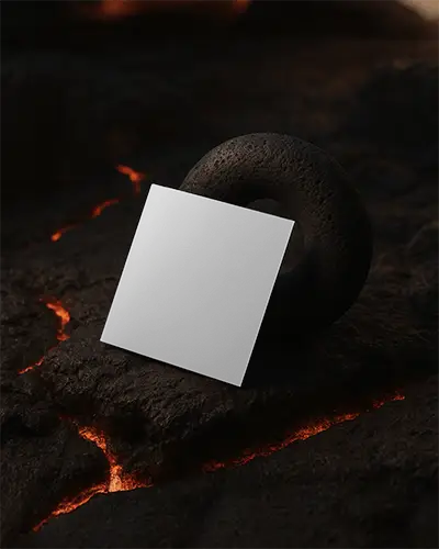 Square Brochure Mockup Leaning Against Black Stone Ring On Molten Lava Surface Dramatic Lighting With Glowing Cracks