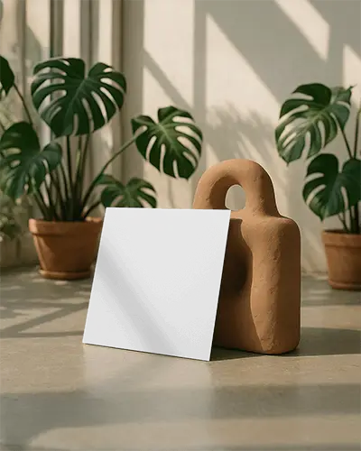 Square Brochure Mockup Leaning Against Earthy Sculpture On Sunlit Floor With Potted Greenery Soft Shadow Lines Natural Modern Promotional Display In Serene Setting