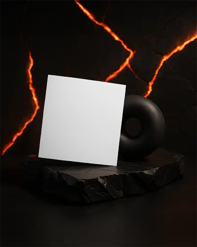 Angled Square Brochure Mockup On Black Rock Pedestal With Fiery Background Hotel Themed Promotional Display Luxury Modern Advertising Scene