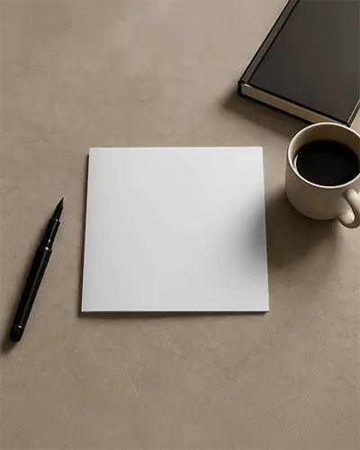 Square Brochure Mockup On Beige Desk With Pen Coffee Cup And Book Showcasing Luxury Hotel And Resort Promotion With Modern Layout And Premium Hospitality Highlights