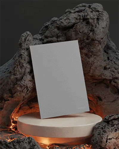 Vertical Brochure Mockup Standing On Glowing Stone Pedestal Surrounded By Volcanic Rocks In Fiery Display Environment