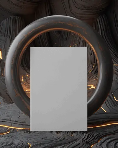 Front Facing Vertical Brochure Mockup Balanced In Metallic Ring Against Dark Charcoal Swirled Backdrop With Glowing Molten Accents And Soft Light Contrast