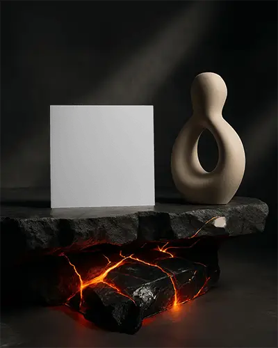 Square Brochure Mockup On Dark Charcoal Surface With Molten Rock Effects And Decorative Sculpture In Soft Directional Lighting