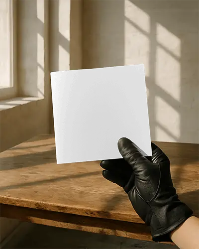 Square Brochure Mockup Hand Holding In Sunlit Wooden Interior With Gloved Hand And Soft Shadow Lighting