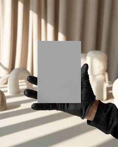 Hand Holding Square Brochure Mockup Against Curtain Background With Decorative Elements Soft Light Botanical Event Theme