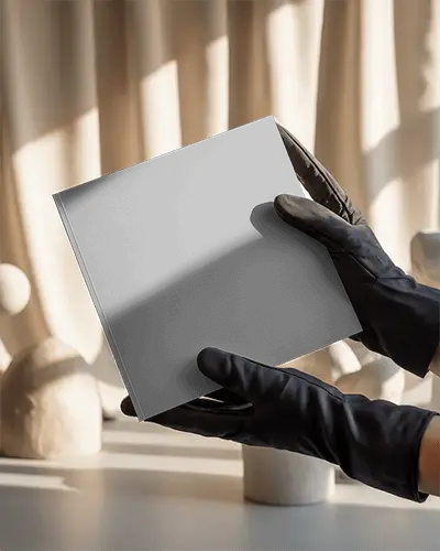 Gloved Hands Holding Square Brochure Mockup In Front Of Curtained Window Soft Light And Abstract Decorative Background Minimal And Elegant Presentation