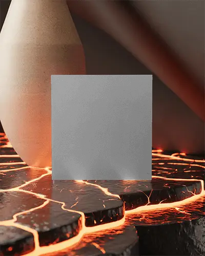 Square Brochure Mockup On Molten Volcanic Rock Texture With Modern Sculptural Vase Background