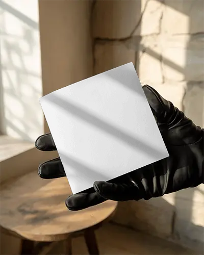 Square Brochure Mockup Held By Gloved Hand In Sunlit Interior With Textured Stone Wall And Wooden Table Background