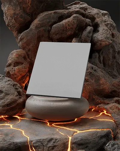 Square Brochure Mockup Standing On Ceramic Base Amidst Lava Rocks And Glowing Cracks In A Dramatic Dark Environment