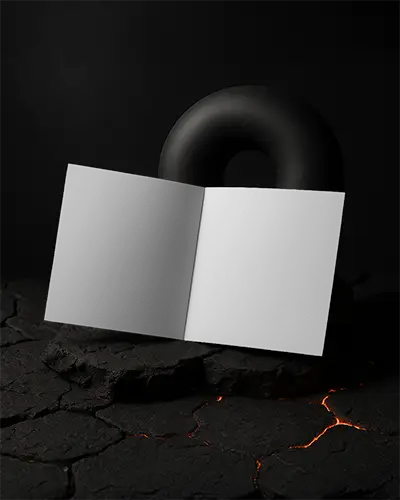 Open Brochure Mockup Held By Gloved Hands Against Dark Studio Background Minimal Modern Presentation View