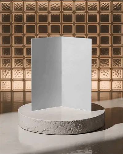 Minimalistic Brochure Stand In Arched Fold Position On Stone Pedestal 0332