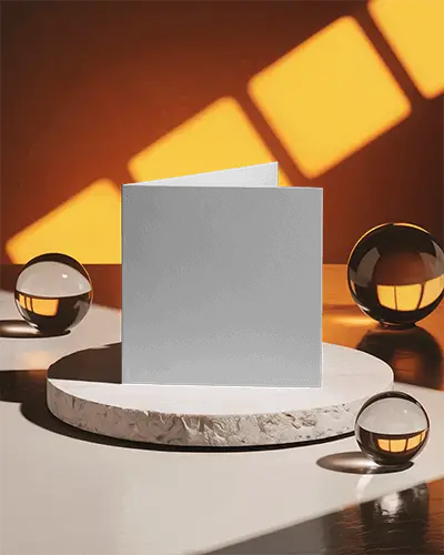 Square Brochure Mockup On Marble Pedestal With Glass Spheres Promotional Print Design 0338