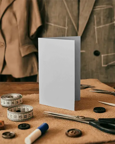 Fashion Workshop Brochure Mockup On Tailoring Table With Tools And Blazer Background