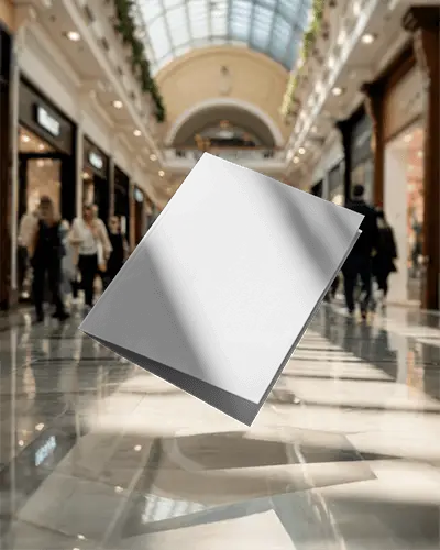 Floating Brochure Mockup In Luxury Mall Interior With Blurred Shoppers
