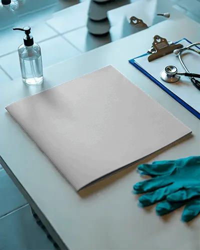 Horizontal Brochure Mockup On Medical Desk With Blue Gloves And Stethoscope