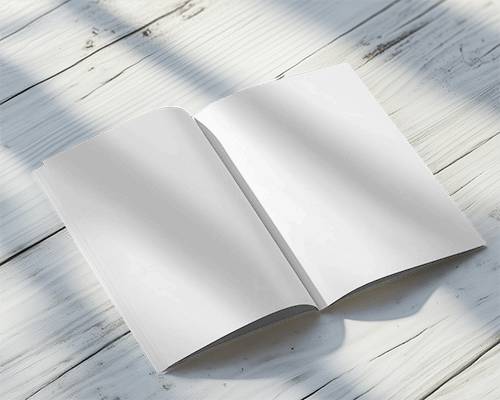 Sunlit Open Brochure Mockup On White Wooden Table With Soft Shadows And Natural Light 035