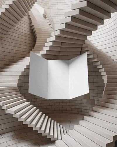 Realistic Trifold Brochure Mockup Floating Amidst Surreal Spiral Stairs Background 0368