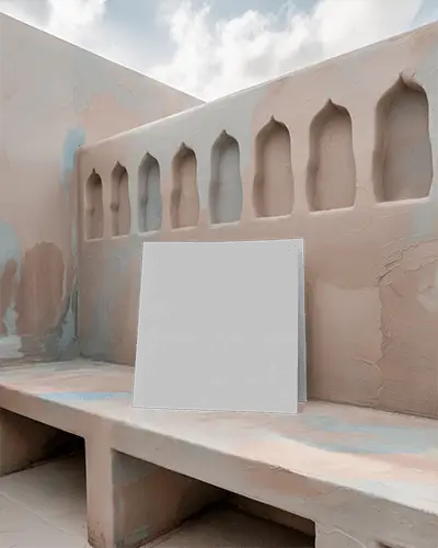 Square Brochure Mockup Standing On Textured Concrete Bench With Ornate Wall Background 0370