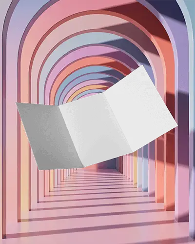 Modern Trifold Brochure Mockup Floating Over Abstract Arched Passageway For Design Presentation 0372