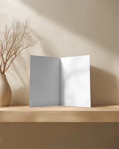 Minimalist Open Brochure Mockup On Wooden Shelf With Shadow Background Display 0419