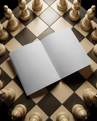 Blank Brochure Mockup On Chessboard With Chess Pieces For Strategy Presentation