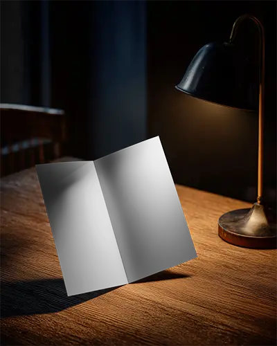 Premium Minimalist Brochure Mockup On Wooden Table With Soft Lamp Lighting Effect