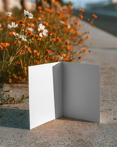 Minimalistic Clean Brochure Mockup With Natural Flowers In Outdoor Lighting Setting