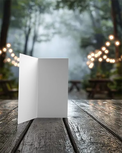 High Quality Folded Brochure Mockup Displayed On Wooden Surface With Bokeh Lights