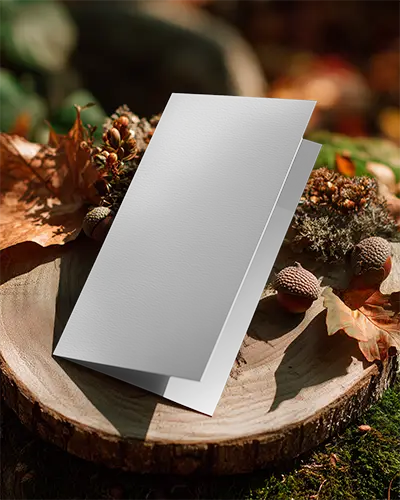 Nature Inspired Brochure Mockup On Wood Slab With Autumn Leaves And Acorns