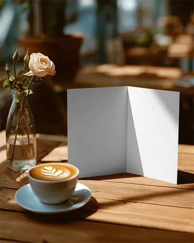 Elegant Folded Brochure Mockup Displayed Next To Coffee Cup And Rose In Glass Vase