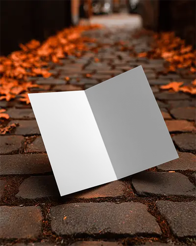 Blank Folded Brochure Mockup On Textured Stone Pavement With Scattered Leaves Background