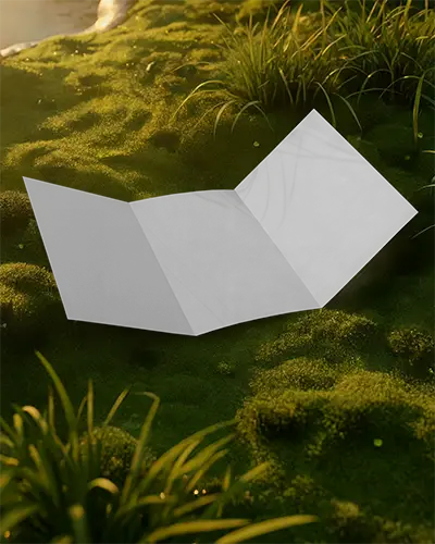 Realistic Trifold Brochure Mockup Displayed On Lush Green Moss With Soft Natural Light