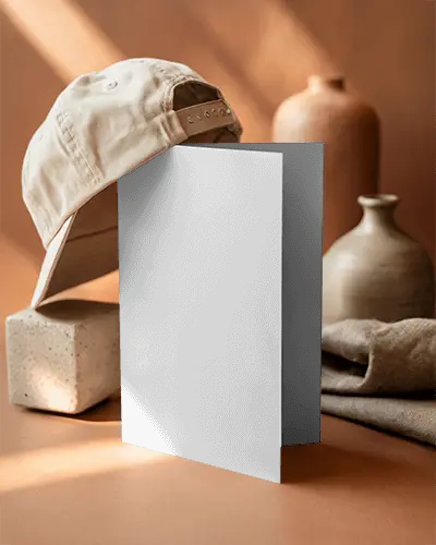 Warm Styled Bifold Brochure Mockup With Cap And Ceramic Decor In Soft Natural Light