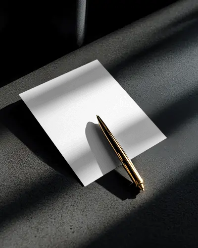 Shadow Rich Square Brochure Mockup With Gold Pen On Dark Surface In Moody Light