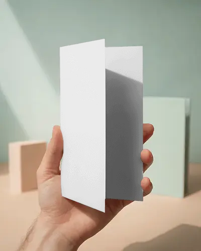 Hand Held Bifold Brochure Mockup In Soft Studio Light With Modern Minimal Background