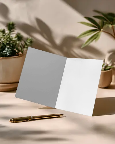 Sleek Minimalist Brochure Mockup On Desk With Pen And Plant Shadow Background