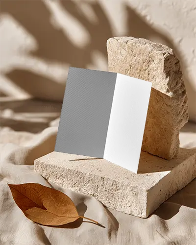 Elegant Minimalist Brochure Mockup Displaying Folded Card On Textured Stone With Natural Light