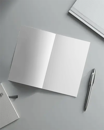 Blank Brochure Mockup Open Layout Flat Lay Office Desk Stationery Arrangement