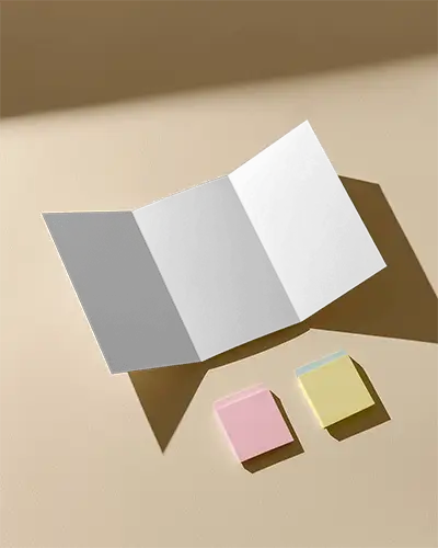 Blank Trifold Brochure Mockup With Sticky Notes On Minimalist Flat Background